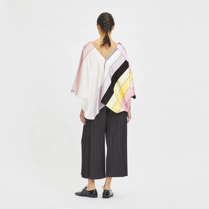 Pastel Wave Silk Kaftan Top with Black Pleated Wide-Leg Pants