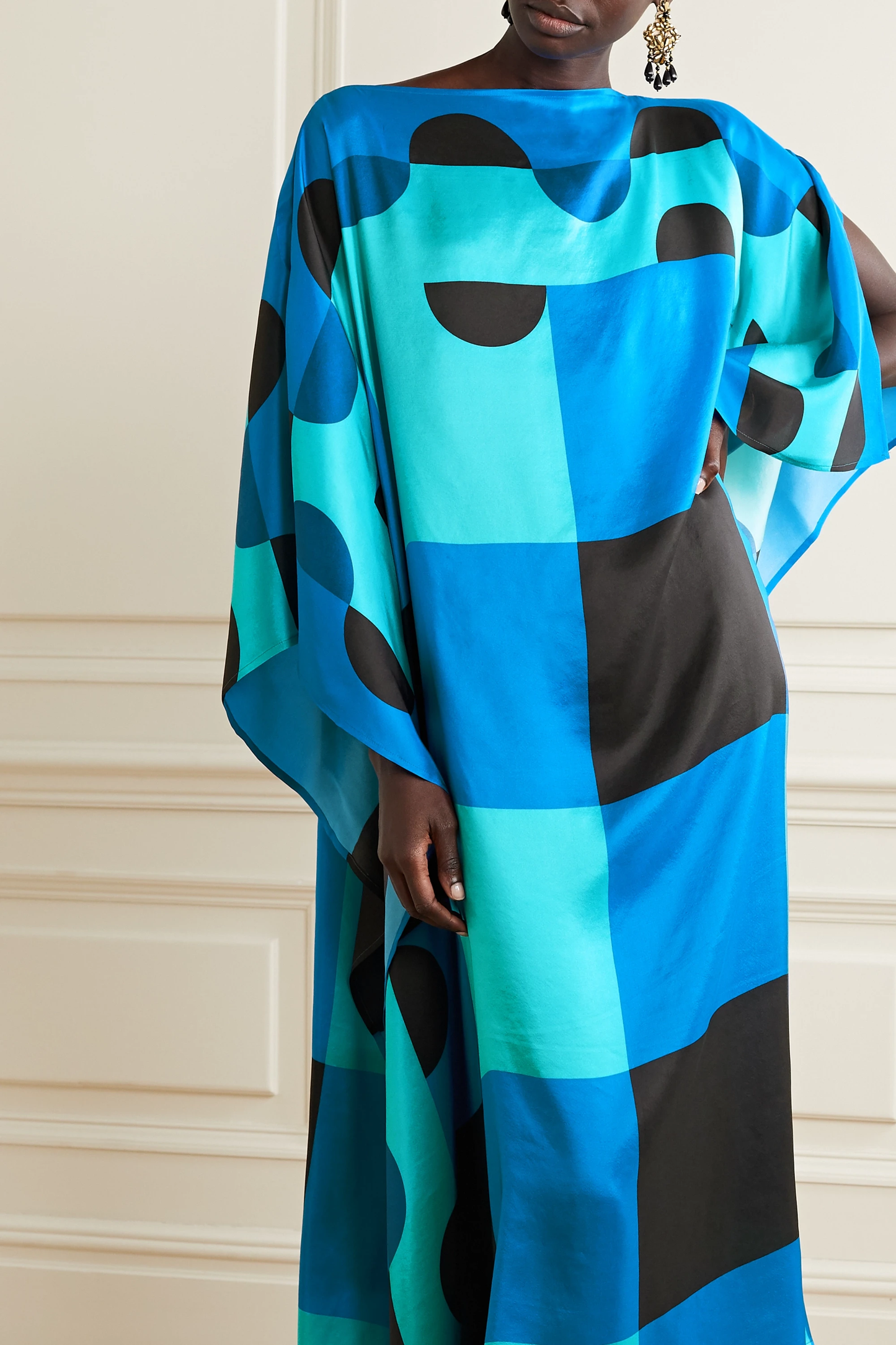 Blue & Black Geometric Print Satin Kaftan