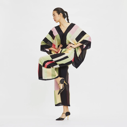 Multicolor Block Print Silk Co-ord Set (V-Neck Kaftan Top & Wide-Leg Pants)