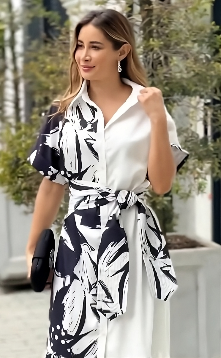 Monochrome Bloom Belted Maxi Shirt Dress – Black & White
