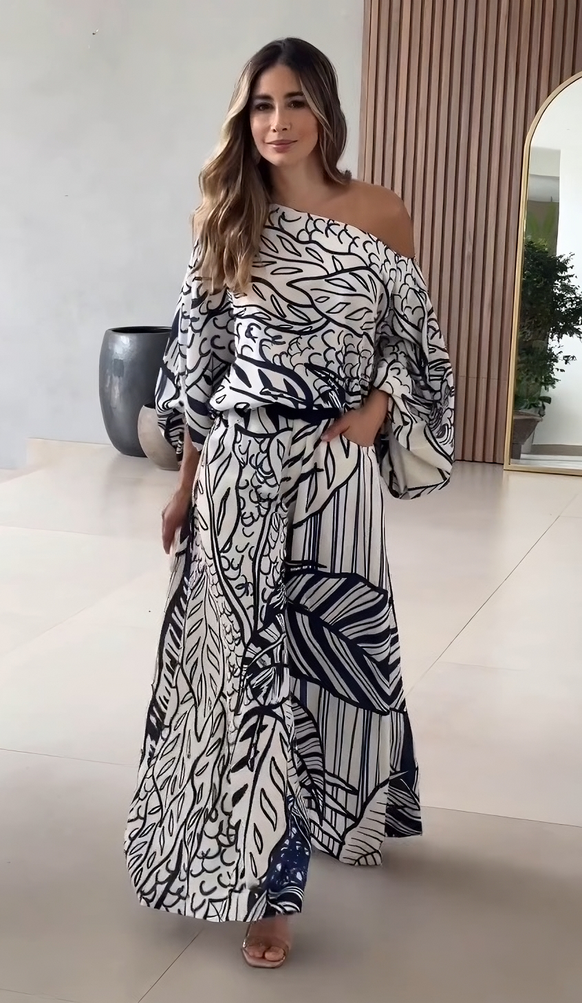 Azure Bloom One-Shoulder Printed Co-ord Set – White & Navy