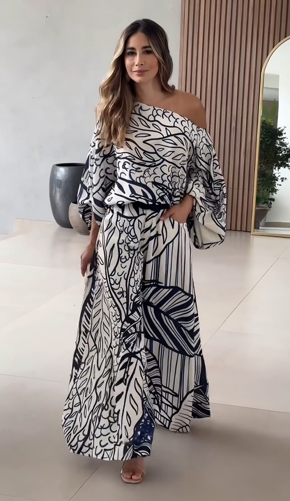 Azure Bloom One-Shoulder Printed Co-ord Set – White & Navy