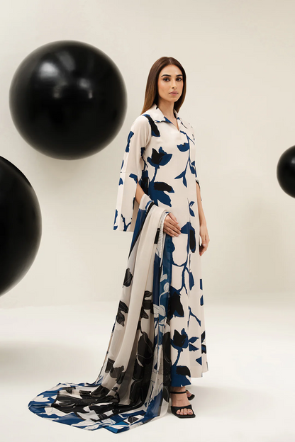 Midnight Petal Kaftan Dress – Ivory Blue
