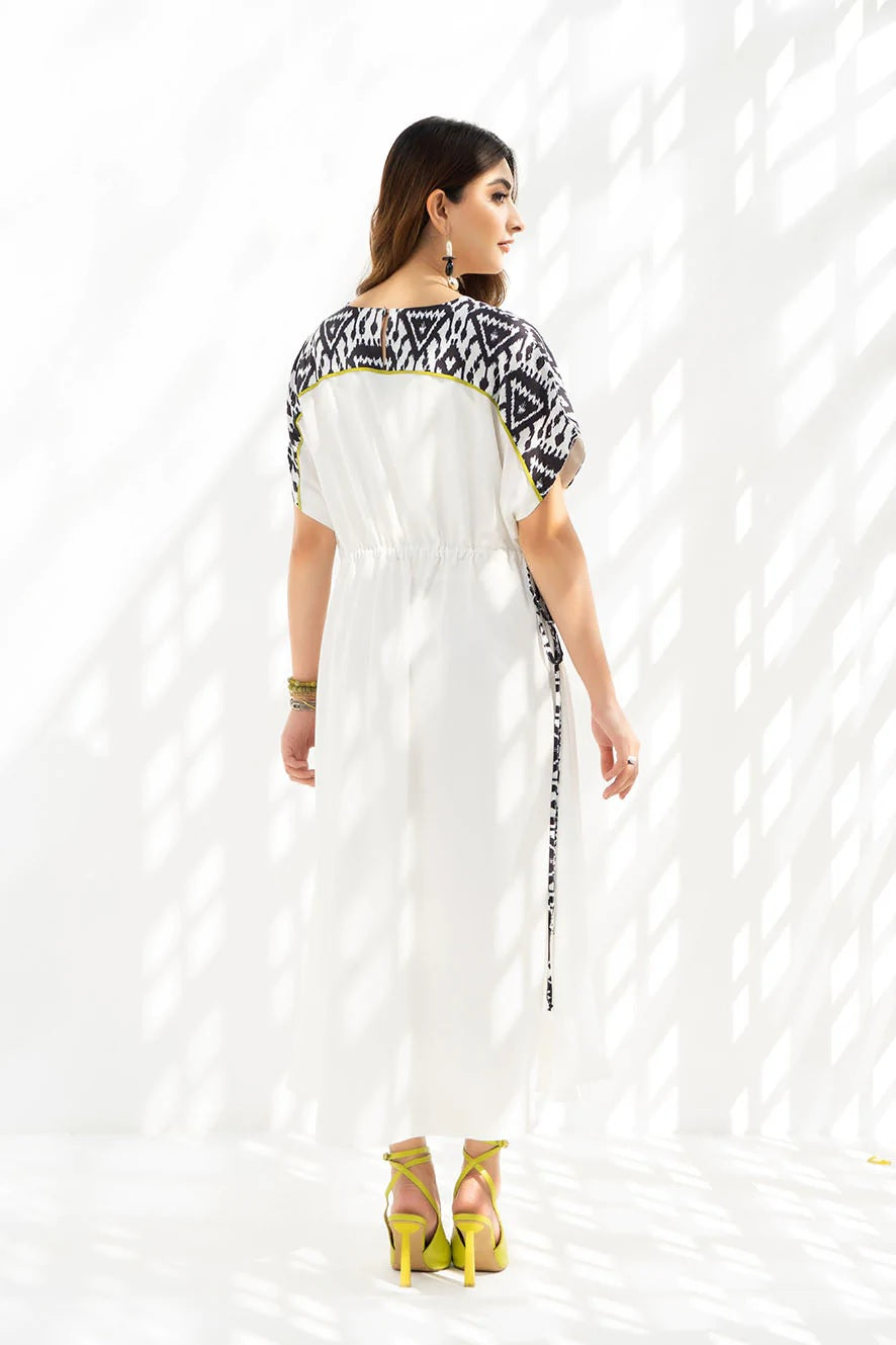 White Ikat Trim Midi Dress – Effortless Summer Elegance