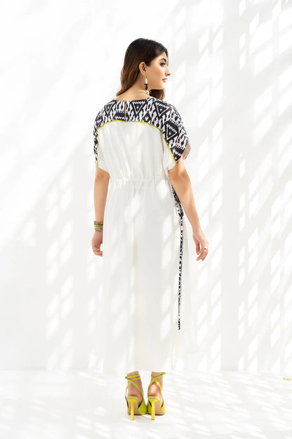 White Ikat Trim Midi Dress – Effortless Summer Elegance