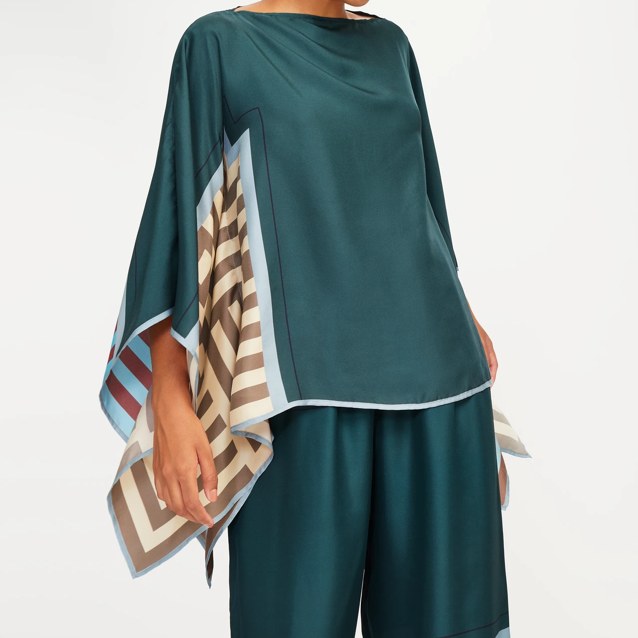 Teal Geometric Silk Co-ord Set (Kaftan Top & Wide-Leg Pants)