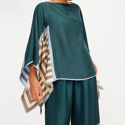 Teal Geometric Silk Co-ord Set (Kaftan Top & Wide-Leg Pants)