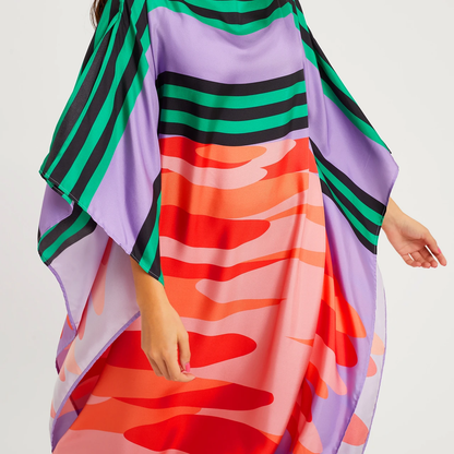Vibrant Lilac & Coral Striped Abstract Kaftan