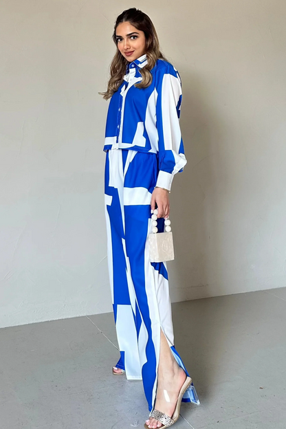 Azure Geometry Co-ord Set – Electric Blue & White Statement Wear