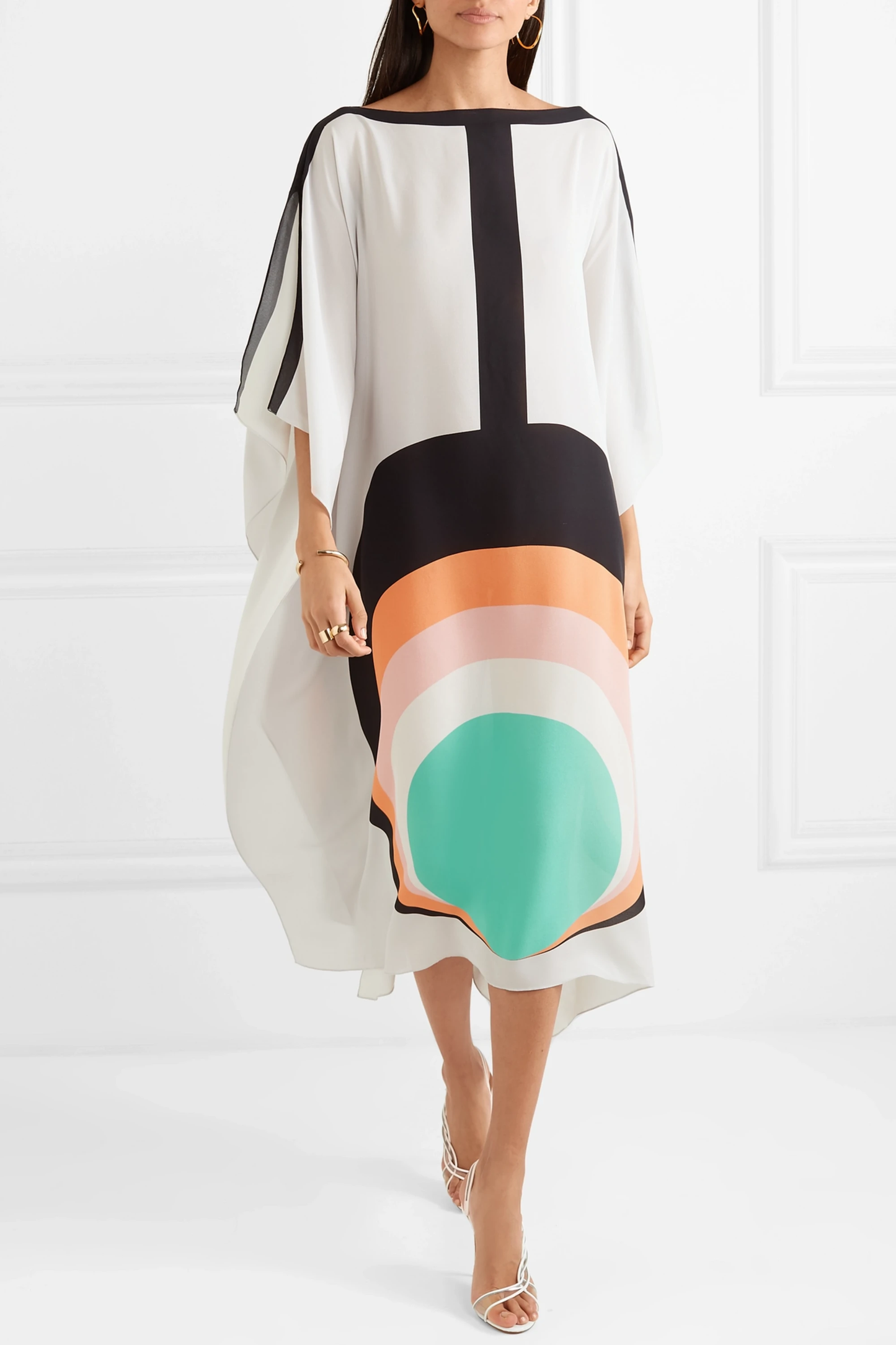 Contemporary White Abstract Circle Print Kaftan