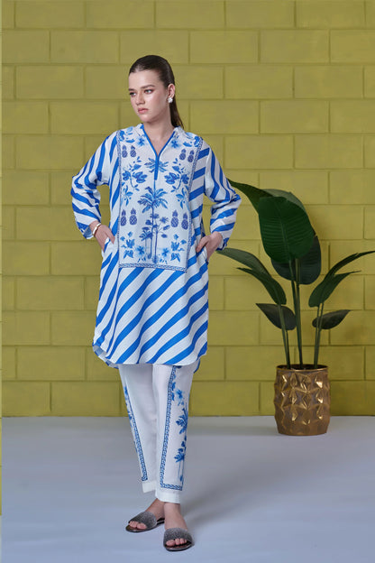 Santorini Breeze Co-ord Set – Blue & White Striped Floral