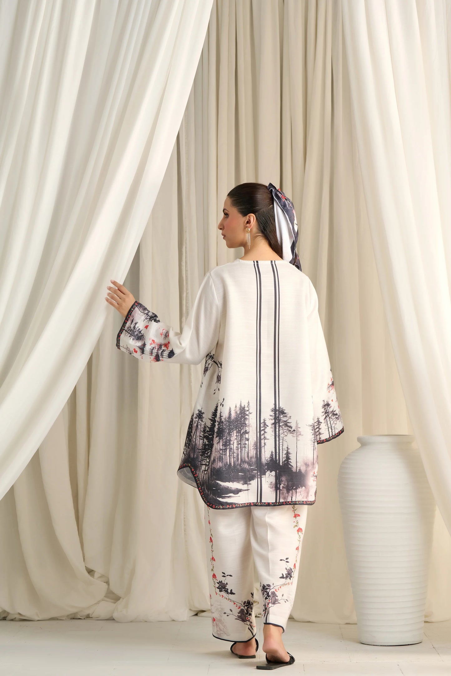 Mystic Forest Co-ord Set – Ivory with Monochrome Nature Print