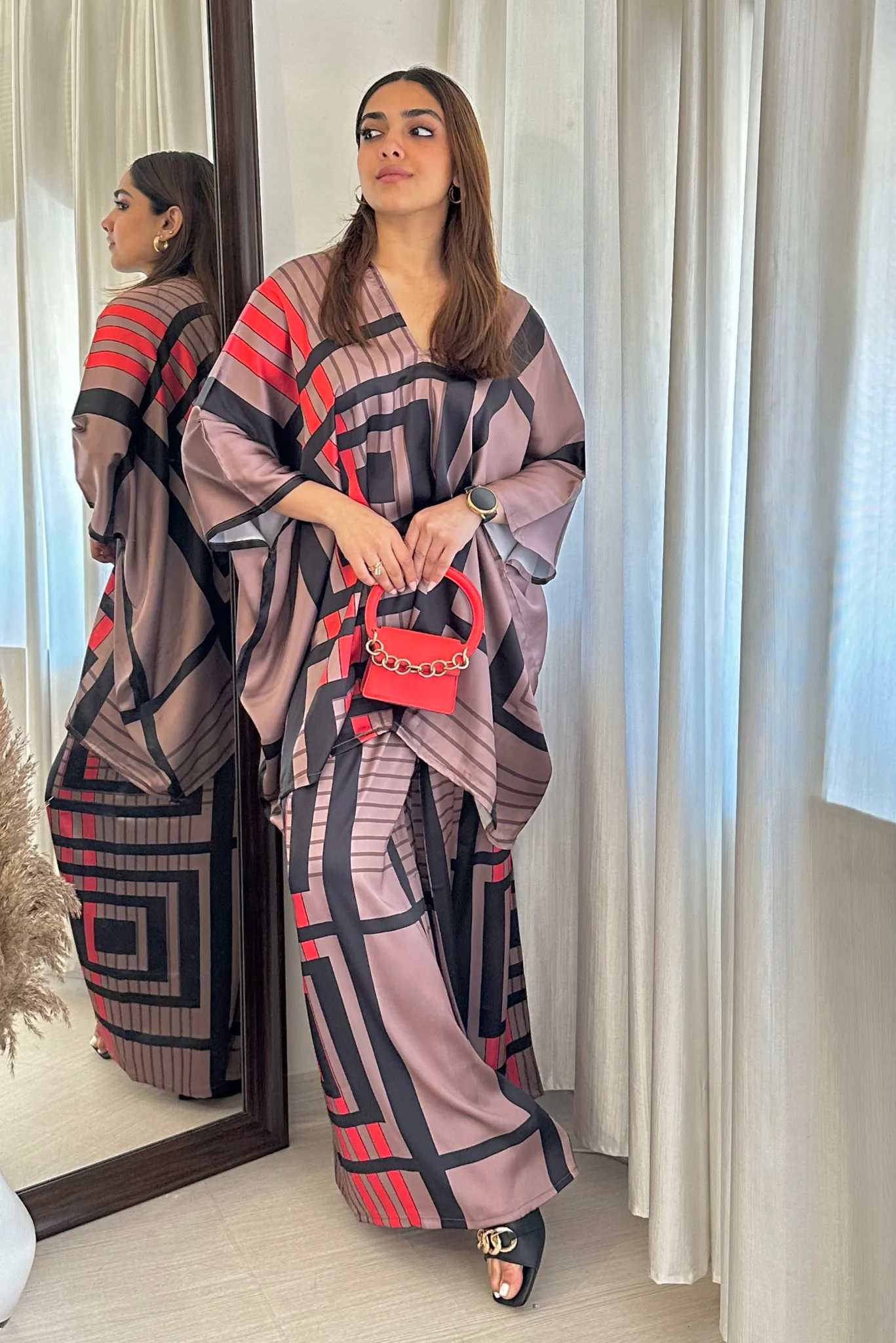 Bronze & Navy Geometric Silk Co-ord Set (Kaftan Top & Wide-Leg Pants)