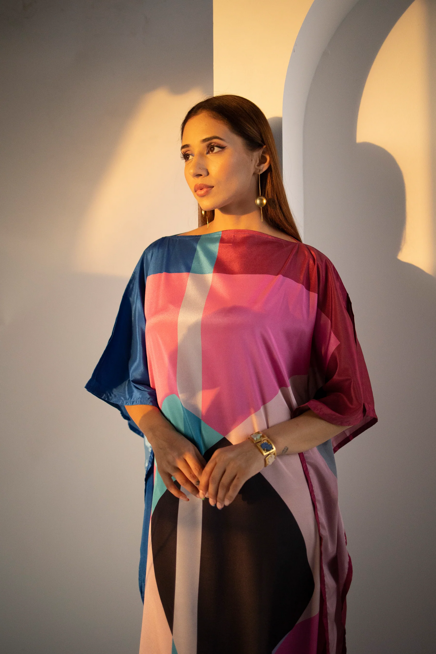 Abstract Multicolor Luxe Satin Kaftan