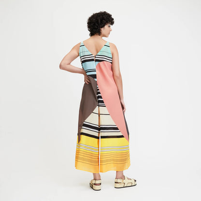 Sunset Spectrum Silk Maxi Dress – Modern Geometry Meets Summer Ease