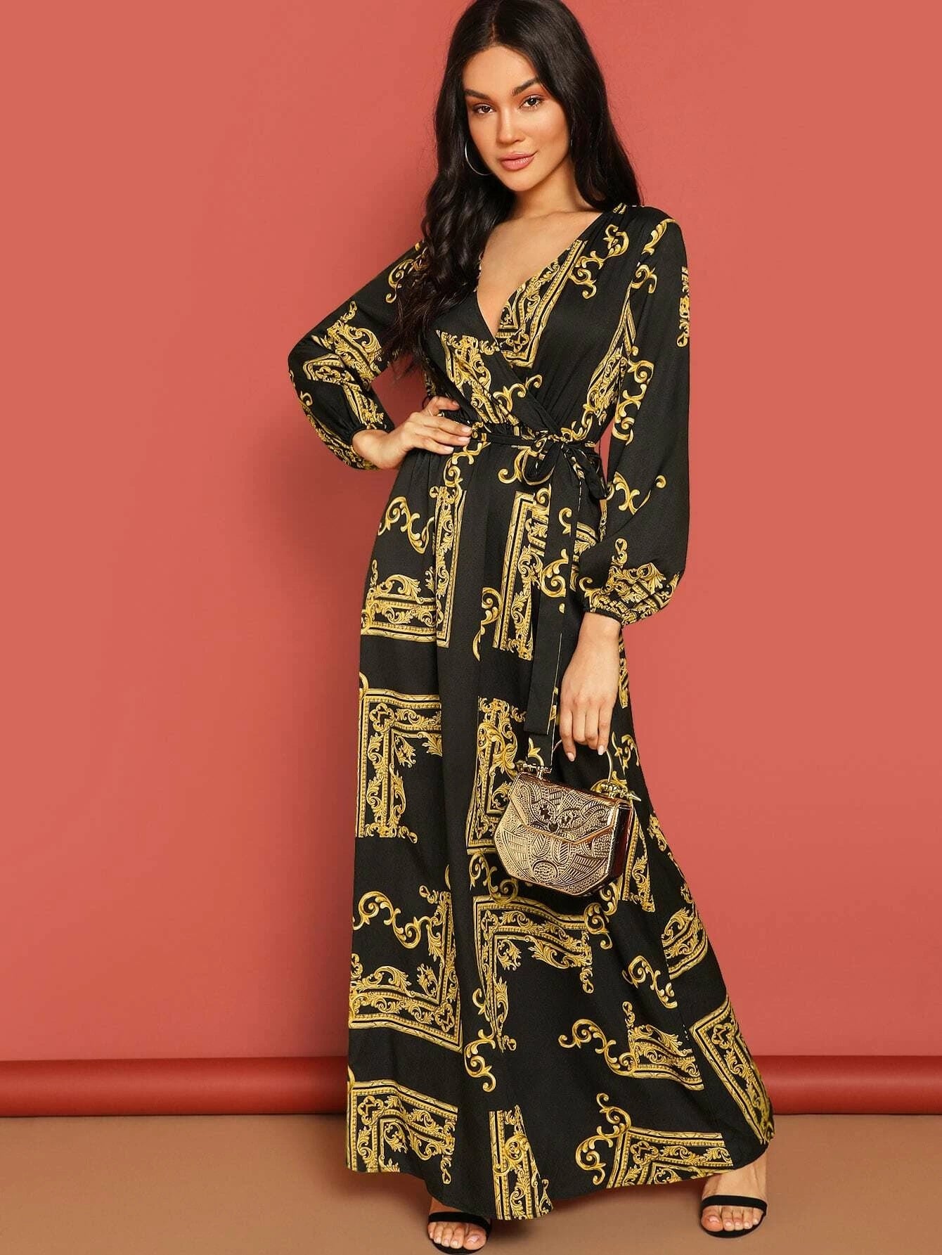 Midnight Muse Wrap Maxi Dress – Baroque Print Elegance