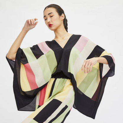 Multicolor Block Print Silk Co-ord Set (V-Neck Kaftan Top & Wide-Leg Pants)