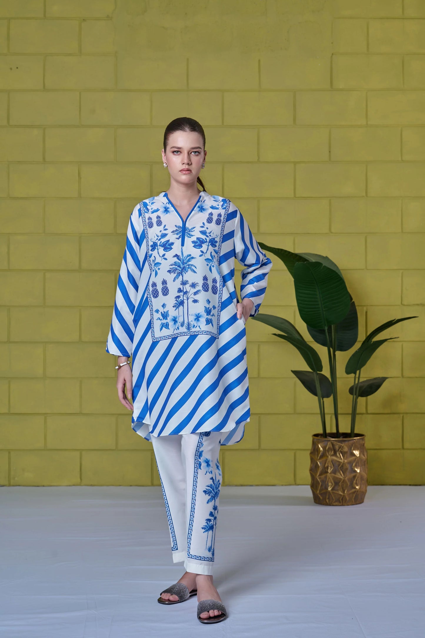 Santorini Breeze Co-ord Set – Blue & White Striped Floral