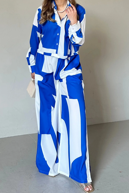 Azure Geometry Co-ord Set – Electric Blue & White Statement Wear