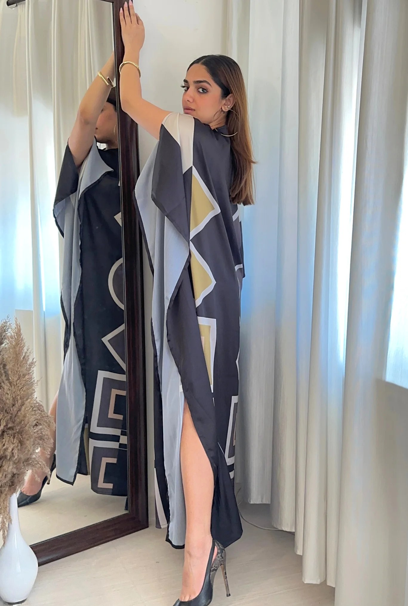Golden Geometry Kaftan Dress – Luxe Satin Edition