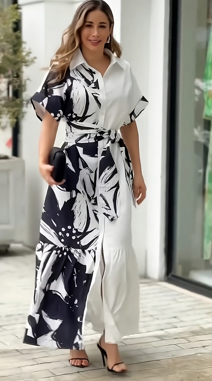 Monochrome Bloom Belted Maxi Shirt Dress – Black & White
