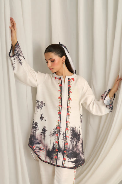 Mystic Forest Co-ord Set – Ivory with Monochrome Nature Print