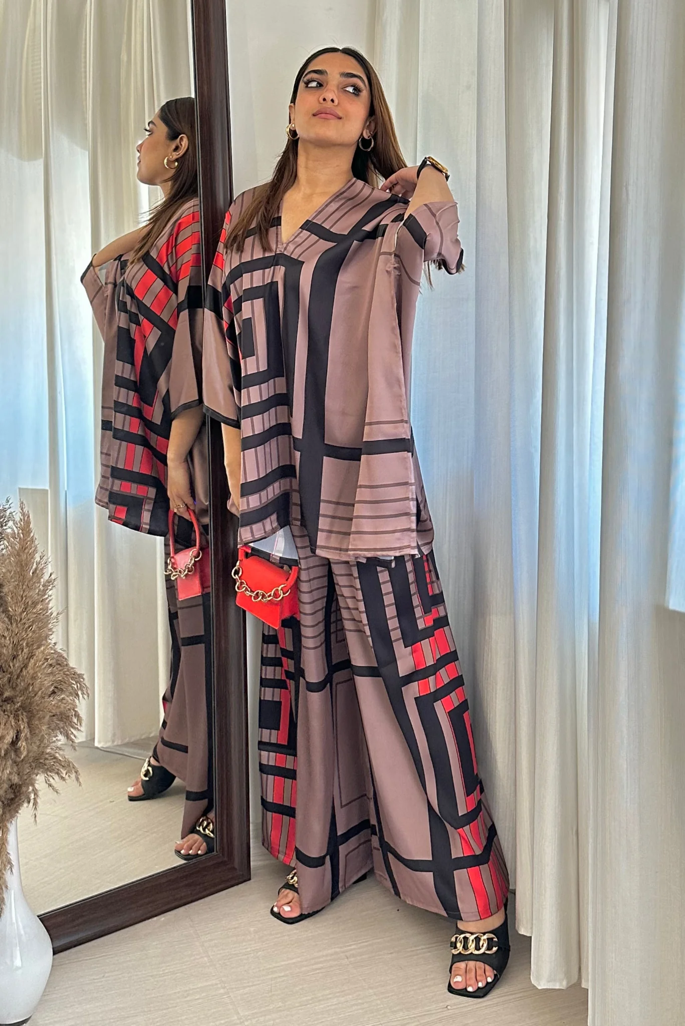 Bronze & Navy Geometric Silk Co-ord Set (Kaftan Top & Wide-Leg Pants)