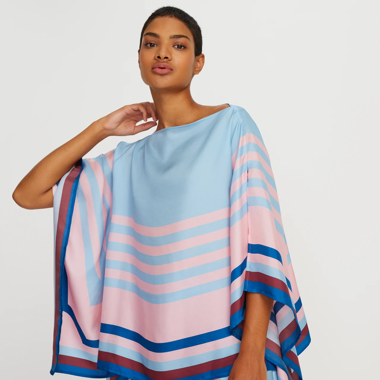 Pastel Blue & Pink Striped Silk Co-ord Set (Kaftan Top & Wide-Leg Pants)