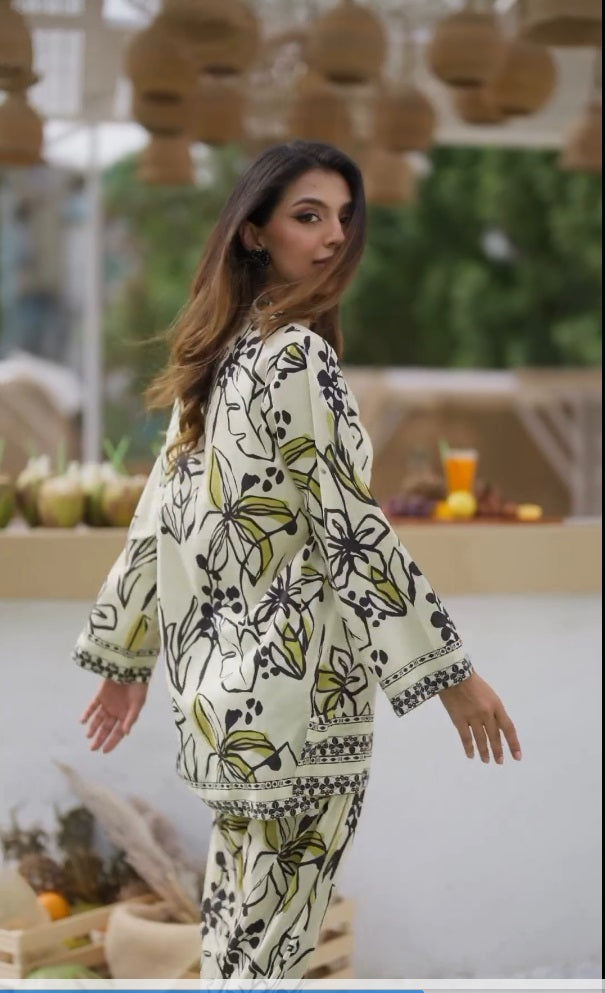Noir Bloom Floral Printed Co-ord Set – Cream & Mustard