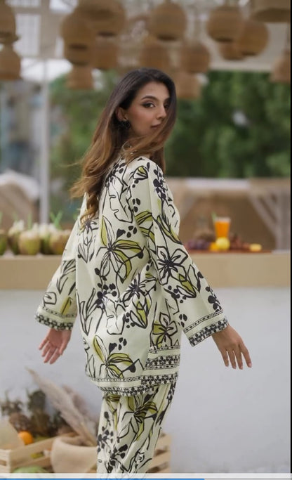 Noir Bloom Floral Printed Co-ord Set – Cream & Mustard