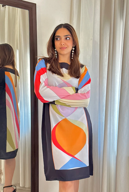 Geometric Colorblock Silk Shift Dress – Multicolor Elegance