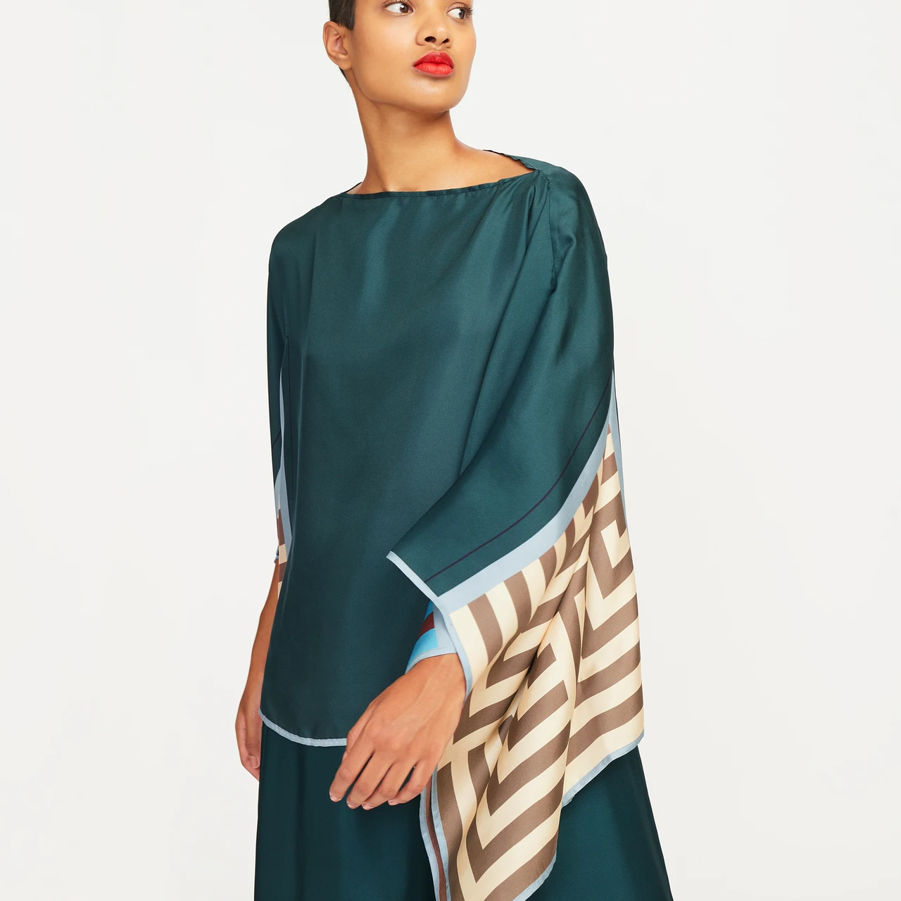 Teal Geometric Silk Co-ord Set (Kaftan Top & Wide-Leg Pants)