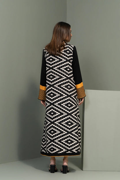 Geometric Print Long Dress – Black & Mustard Statement Style
