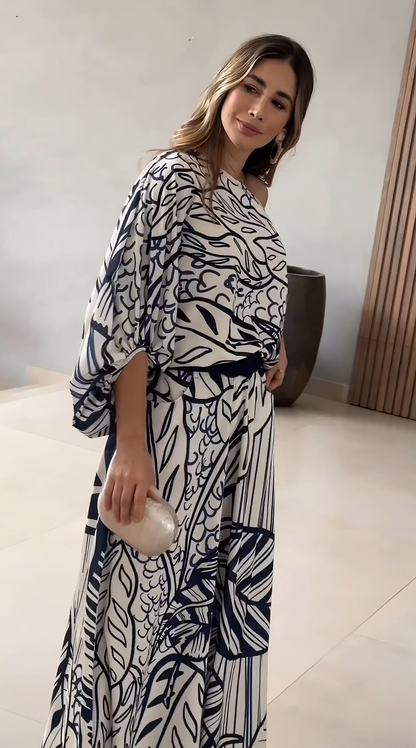 Azure Bloom One-Shoulder Printed Co-ord Set – White & Navy