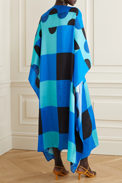 Blue & Black Geometric Print Satin Kaftan