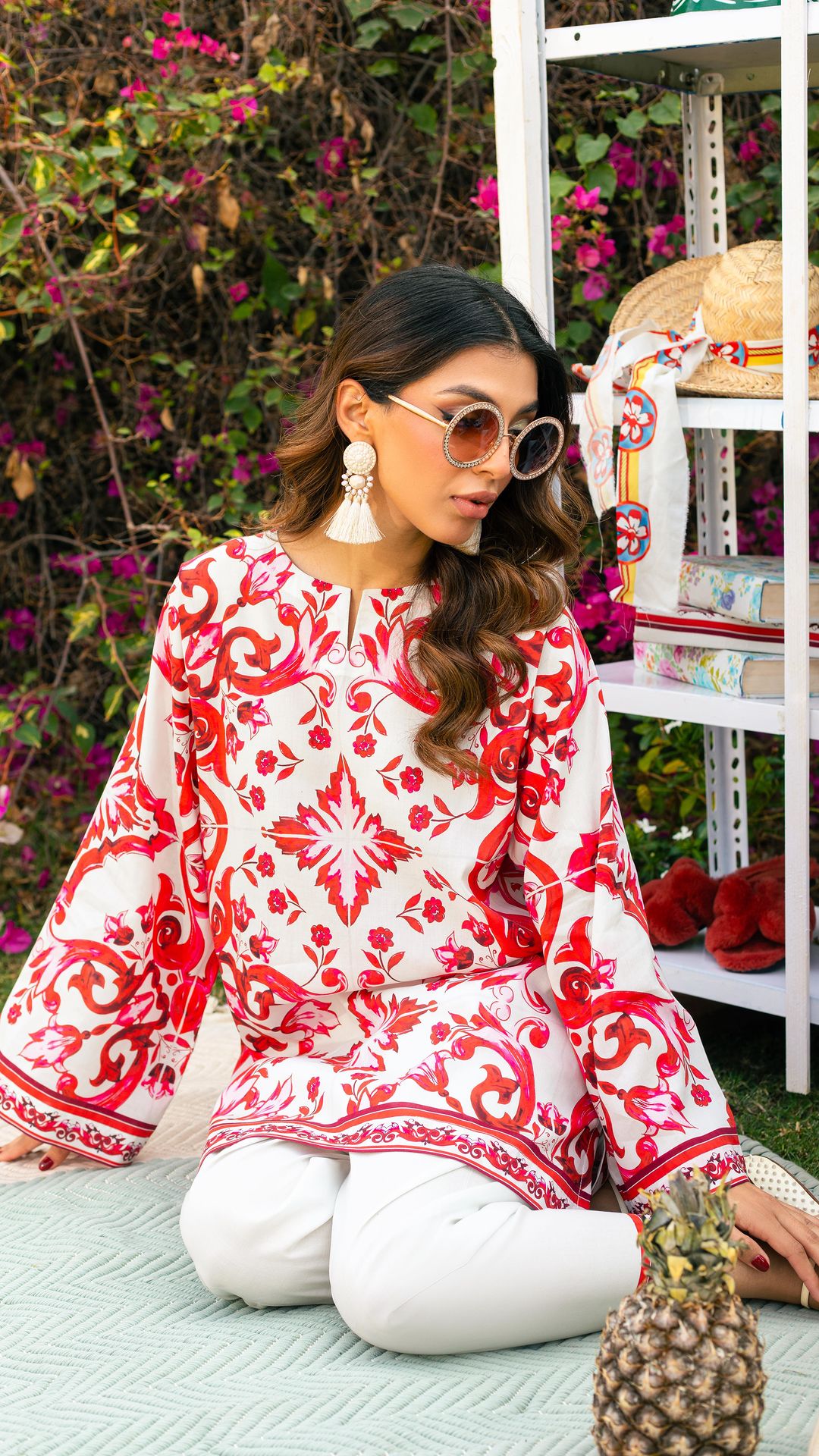 Crimson Bloom Printed Co-ord Set – Ivory & Red