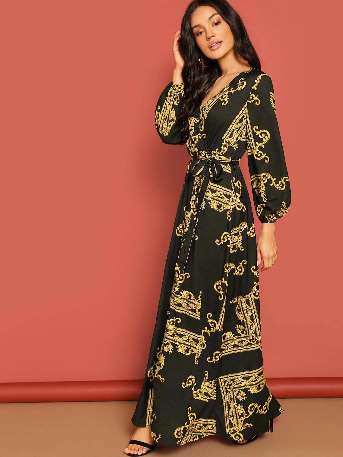 Midnight Muse Wrap Maxi Dress – Baroque Print Elegance