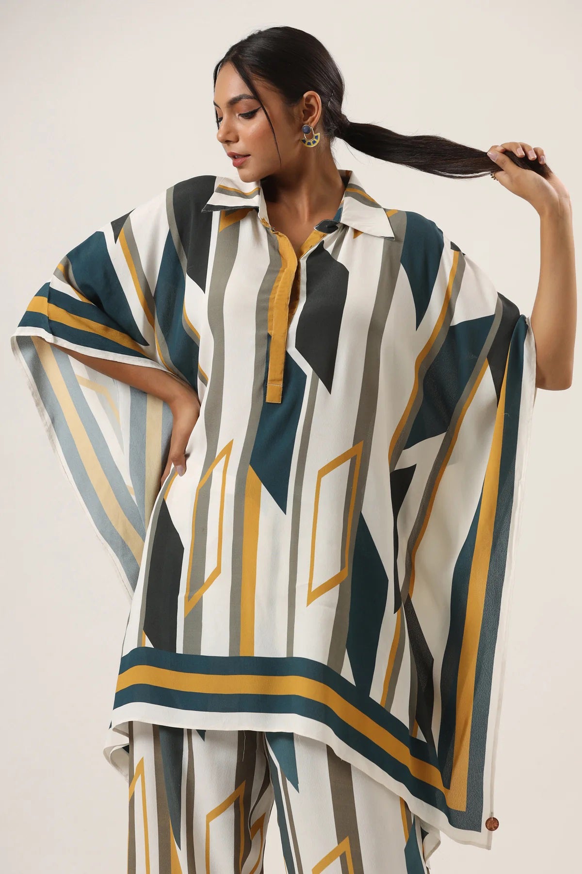 Urban Mirage Kaftan Co-ord Set – Mustard, Teal & Ivory