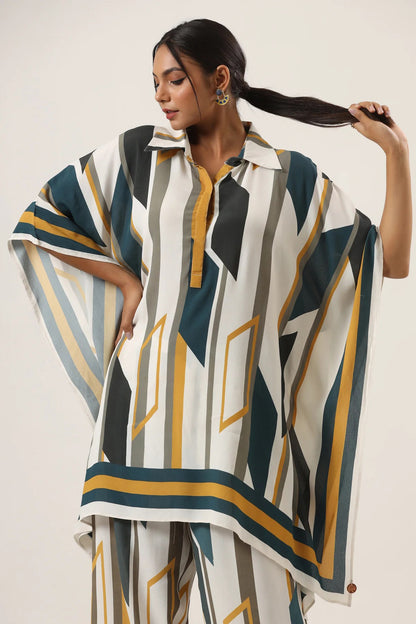 Urban Mirage Kaftan Co-ord Set – Mustard, Teal & Ivory