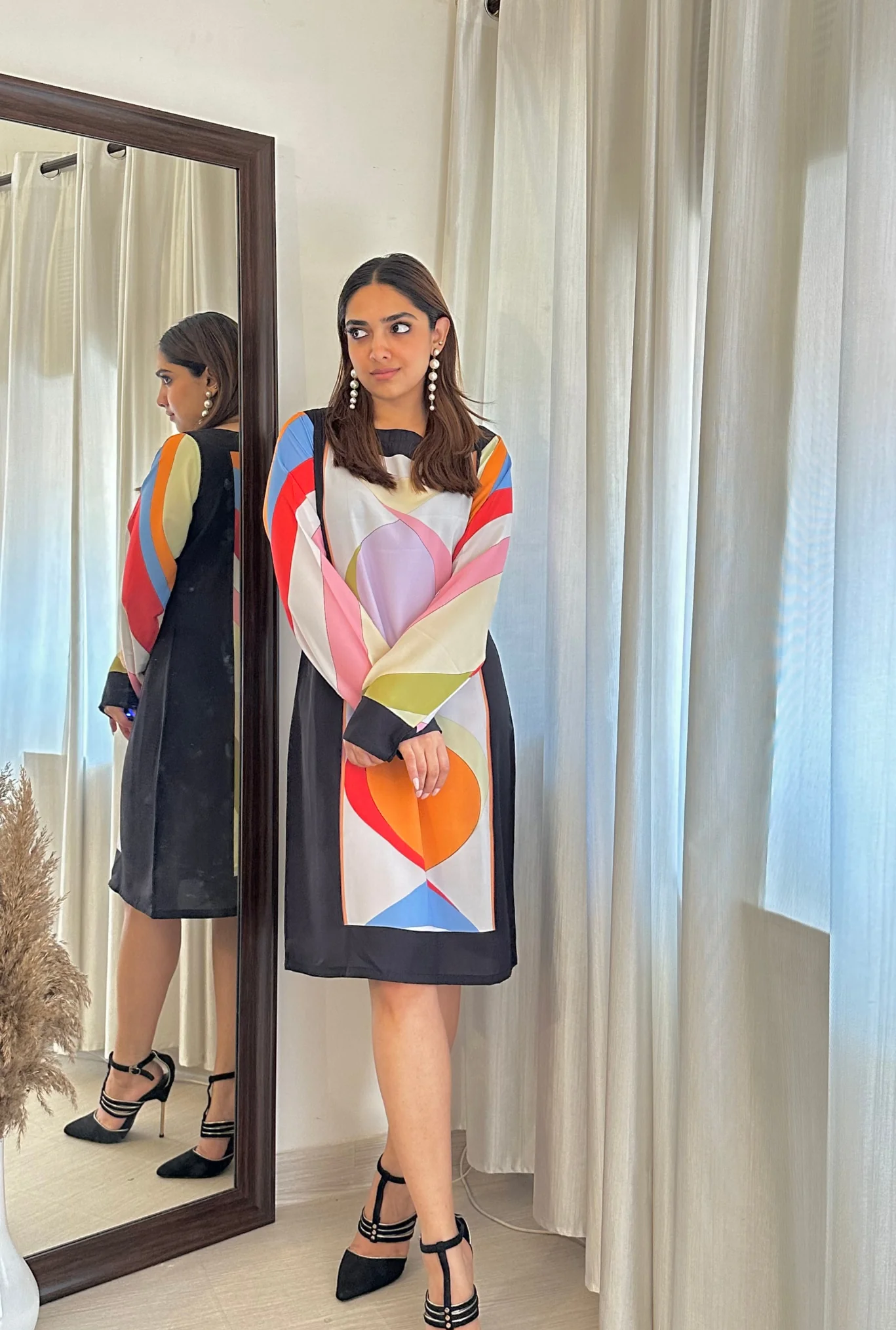 Geometric Colorblock Silk Shift Dress – Multicolor Elegance