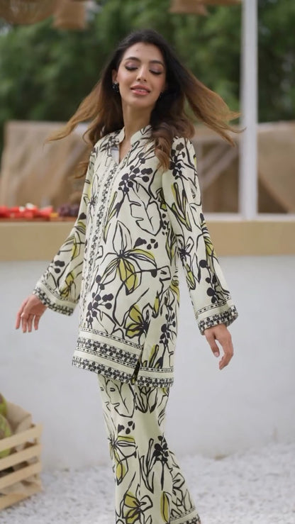 Noir Bloom Floral Printed Co-ord Set – Cream & Mustard