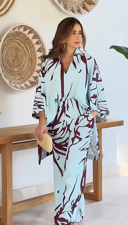 Celeste Wave Printed Co-ord Set – Sky Blue & Maroon