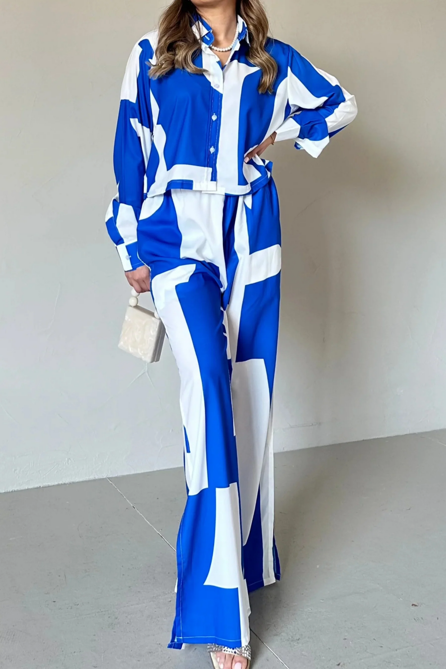 Azure Geometry Co-ord Set – Electric Blue & White Statement Wear