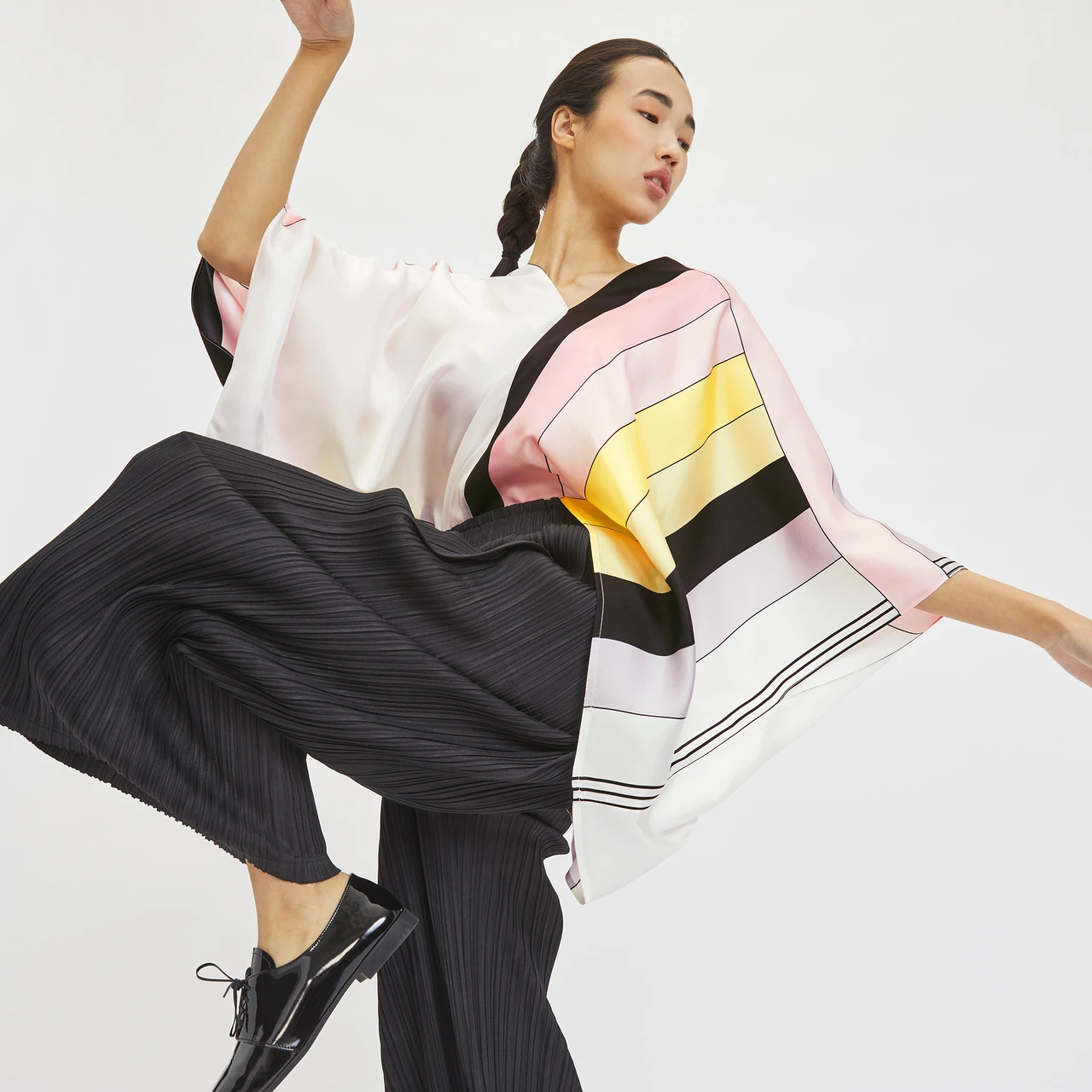 Pastel Wave Silk Kaftan Top with Black Pleated Wide-Leg Pants