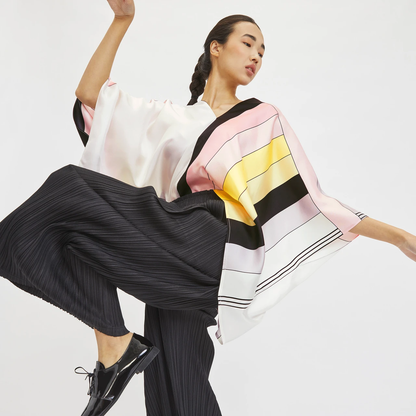 Pastel Wave Silk Kaftan Top with Black Pleated Wide-Leg Pants