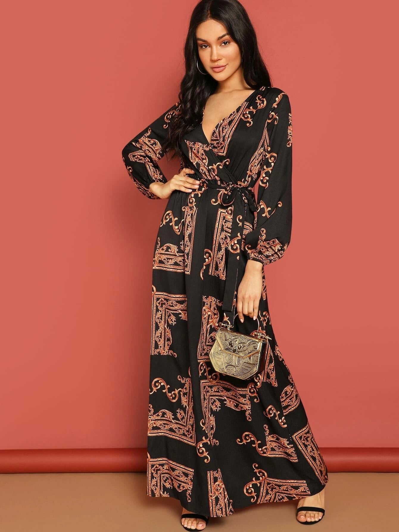 Midnight Muse Wrap Maxi Dress – Baroque Print Elegance