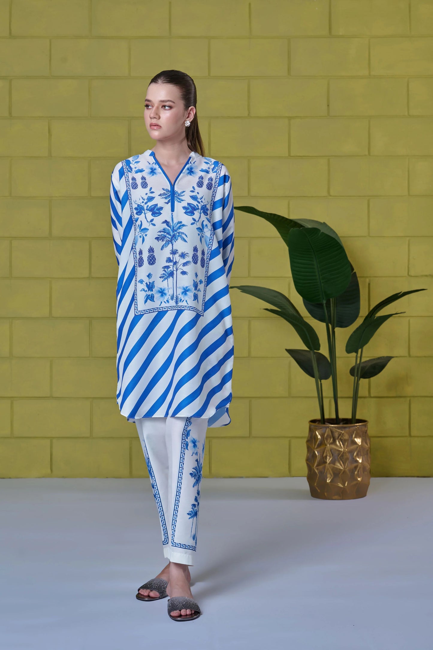 Santorini Breeze Co-ord Set – Blue & White Striped Floral