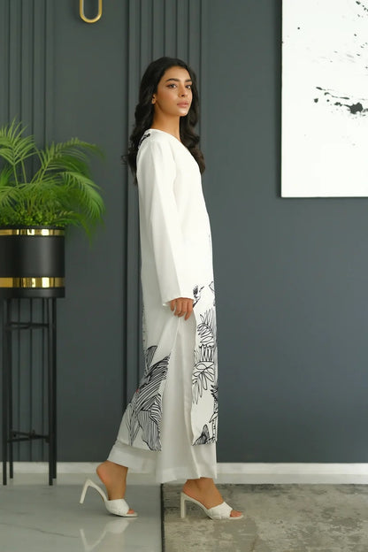 Eden Noir Co-ord Set – White with Black Botanical Print