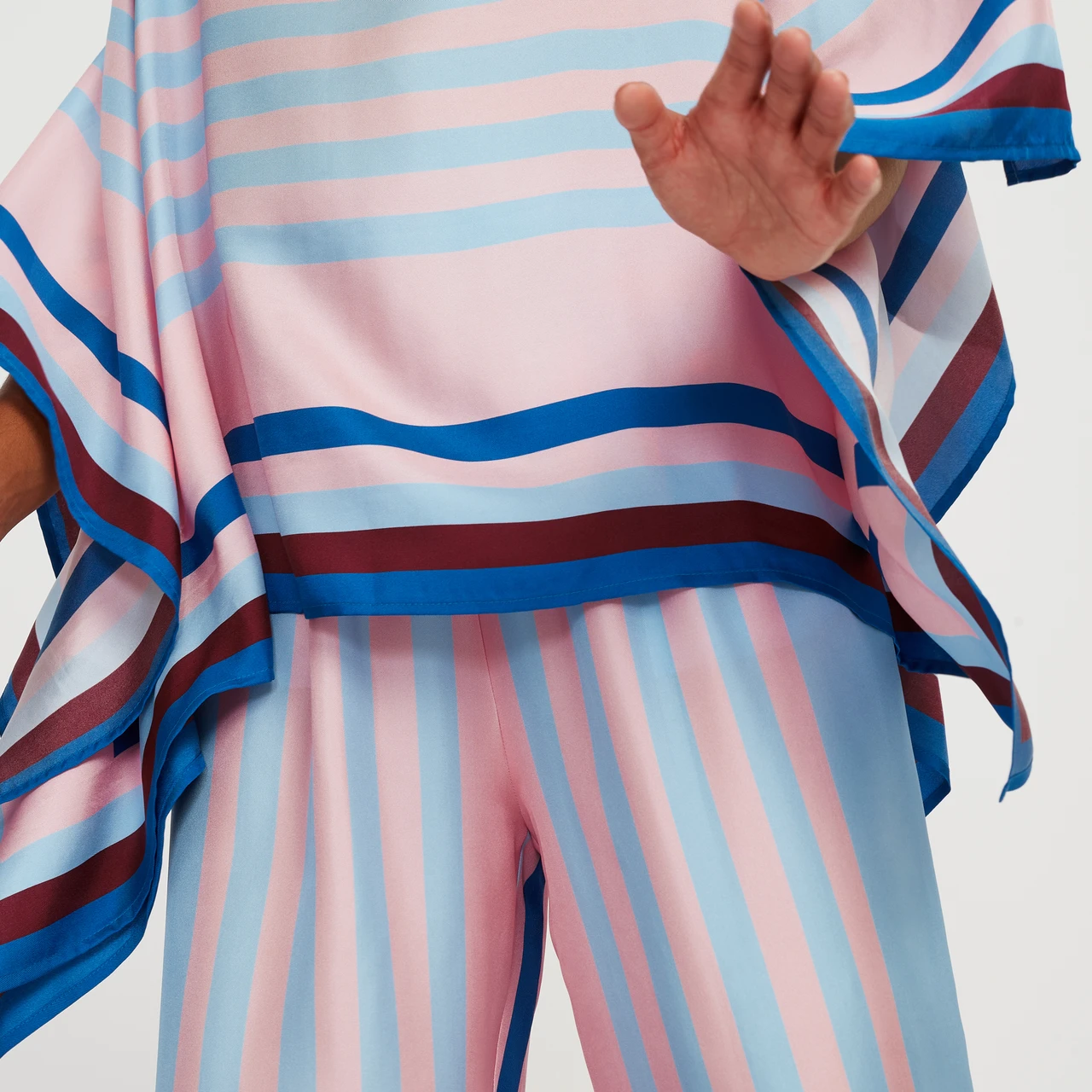 Pastel Blue & Pink Striped Silk Co-ord Set (Kaftan Top & Wide-Leg Pants)