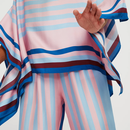Pastel Blue & Pink Striped Silk Co-ord Set (Kaftan Top & Wide-Leg Pants)